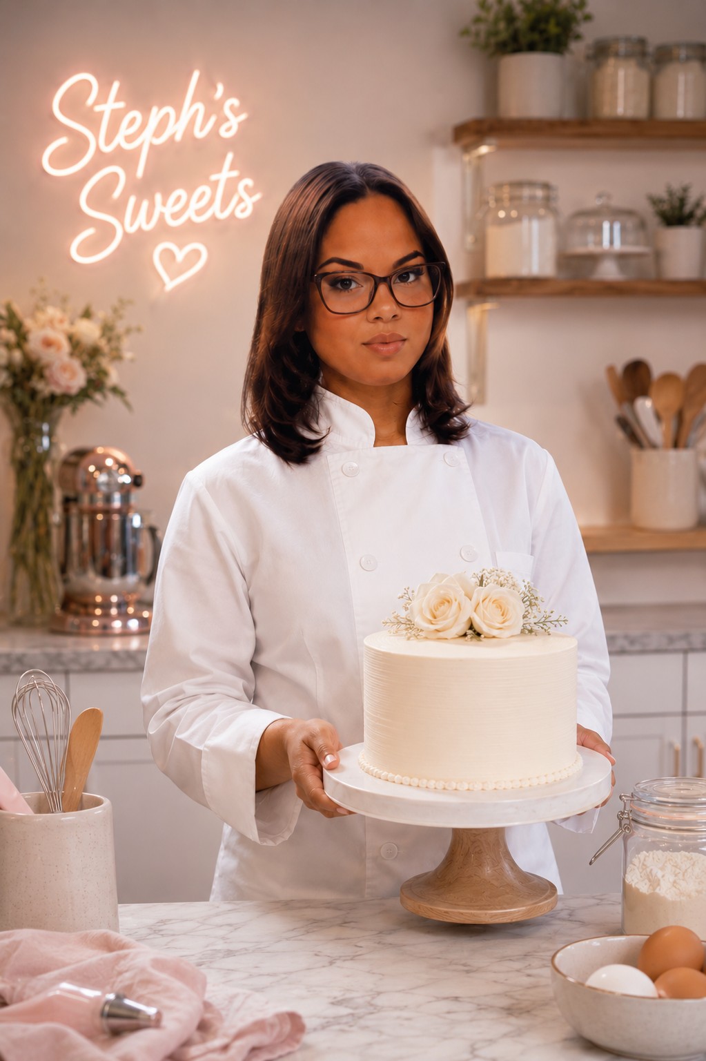 Stephanie decorating a custom cake